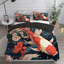 Juego de ropa de cama de 2/3 piezas con estampado de peces koi (1*Funda nórdica + 1/2*Funda de almohada, sin relleno), juego de ropa de cama de estilo oriental, 100% poliéster estampado, funda nórdica suave y cómoda, para habitación, habitación de invitados