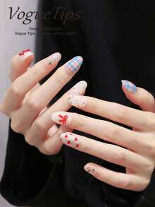10片手工冰格美甲贴片，短椭圆形，XS/S/M/L码，蓝色格子红色蝴蝶结ins风学生款，高端定制亚克力按压式短指甲，美甲用品，手工按压式美甲贴片 - 彩色 - 查看 4