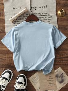 Tween Girl 休闲浅蓝色印花圆领短袖 T 恤，夏季 - 淺藍色 - 查看 3