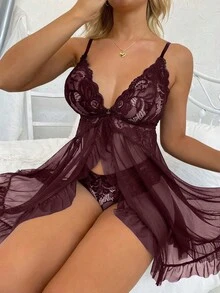 两件套女士无袖深紫色蕾丝雪纺前开襟性感内衣套装，高端奢华设计，情人节约会和私人场合的浪漫之选 - 彩色 - 查看 7