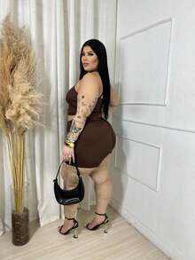 Curvy Plus Size Crop Top + Shorts Set - 鏽棕色 - 查看 4