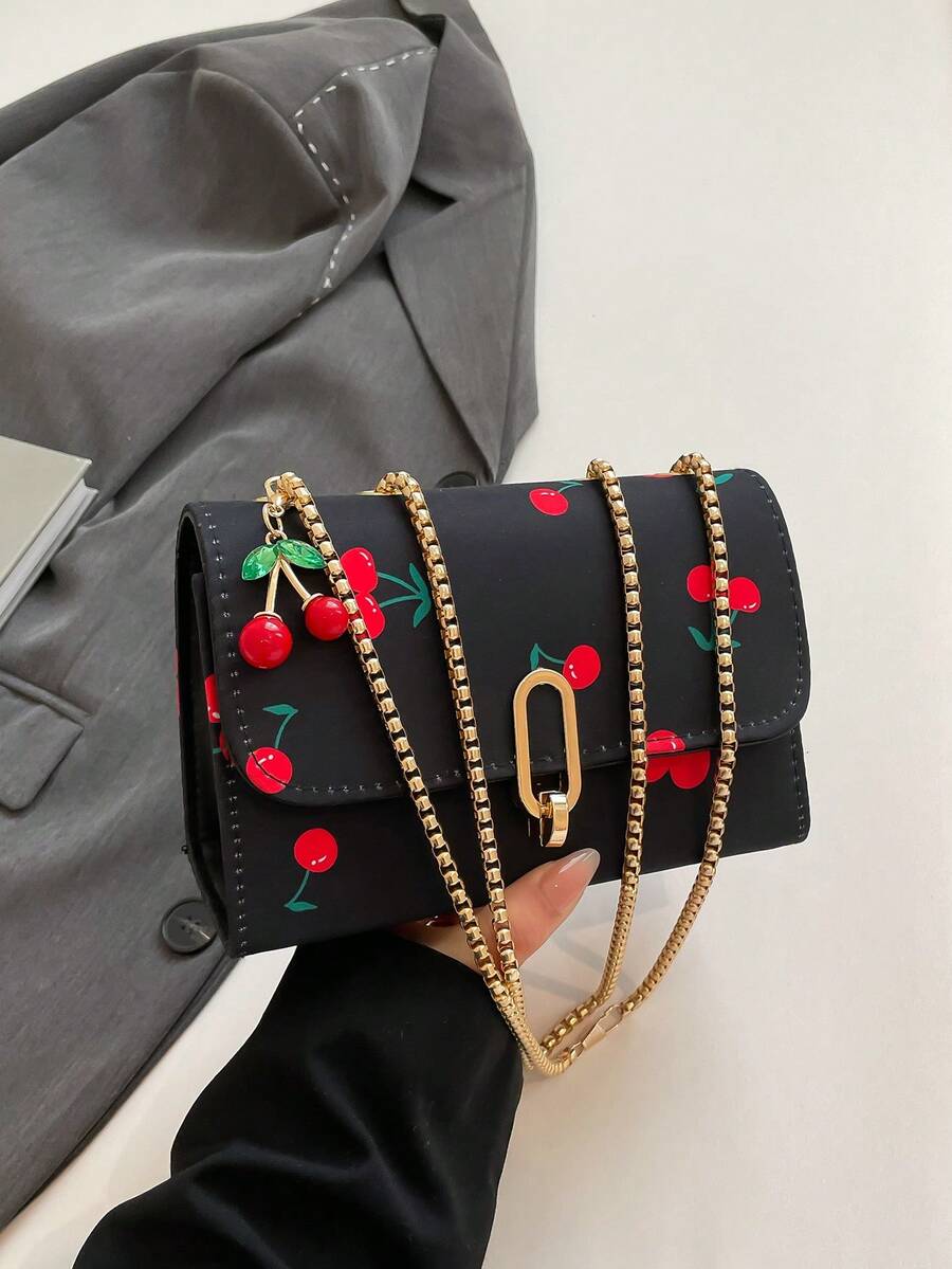 Retro Fashion Cherry Pattern Mini Square Flap Bag, Metal Double Chain Shoulder Bag, Adjustable Crossbody, Suitable For Women's Daily And Student Casual Use