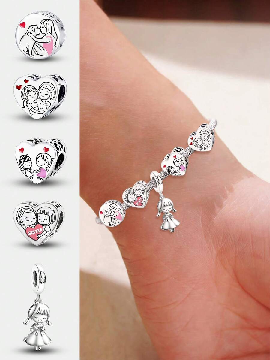 1 PC Fashionable 925 Sterling Silver Sparkling Loving Sisters Pendant Beads Charm Suitable For Bracelets DIY Women's Jewelry - Silver - View 1