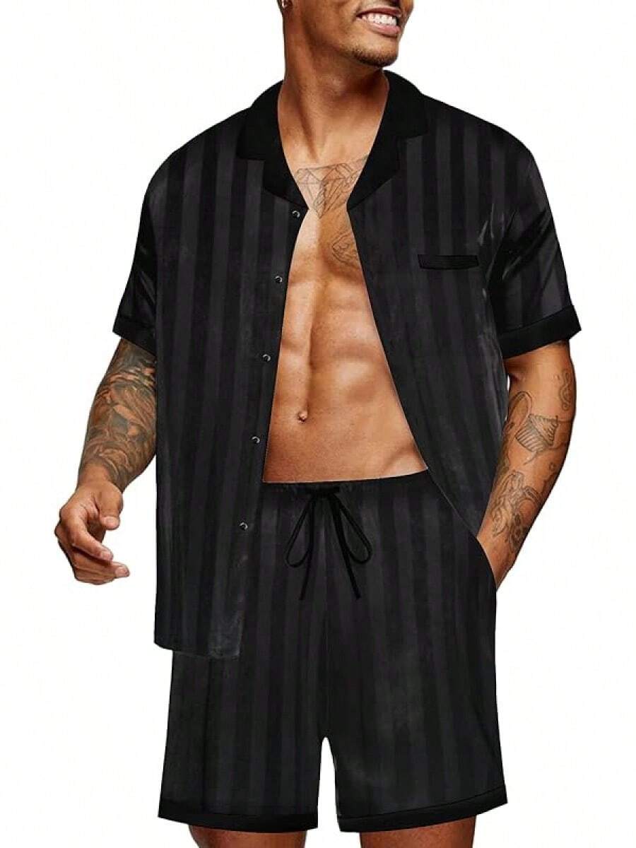 Men Satin Silk Set With Pockets Sleepwear Shorts Satin Summer Loungewear 2 Piece Button Down Set S-3XL - 條紋黑色 - 查看 1