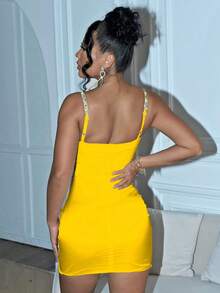 Joyfunear Vestido mini ajustado de tirantes finos de unicolor y simple para mujer - Amarillo - Ver 2