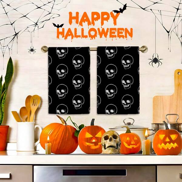 2/4 Pcs Set, Dish Towels, Skull Printed Pattern Towels, Halloween, Super Absorbent Microfiber Modern Dish Cloths, Cooking And Baking Tea Towels, Printed Dishcloths, Cleaning Towels, Hand Towels, Super Soft And Highly Absorbent, Great Gifts For Neighbors, Moms, Friends, Birthday, Halloween, Housewarming, Kitchen Essentials, Kitchen Decor, Daily Necessities