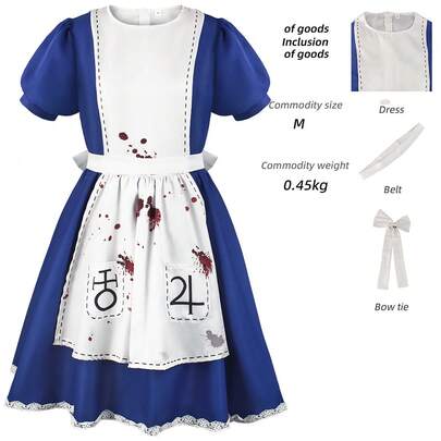 In Stock Alice Maid Cosplay Costume, Stage Performance Outfit, Contrast Color Bloody Dress, Hot Selling