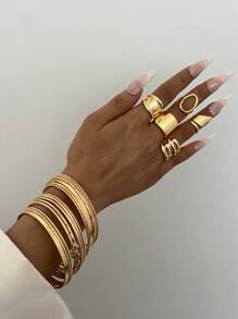 19pcs/2sets Elegant, Glamorous, Bracelet + Ring Jewelry Set For Women, Includes Smooth Metal Bangle & Wide Geometric Open Rings, Gold Tone, Versatile For Daily/Party Wear