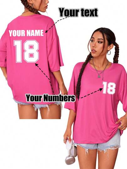 Customized Plus Size Women T-Shirt, Front And Back Can Print Your Number, Name/Text/Lucky Number, Suitable For Gifting To Family, Friends, Pink Ladies, Mother's Day, Various Occasions