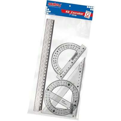 CONJUNTO PARA DESENHO 30CM + ESQUADRO 60º + TRANSFERIDOR 180º + TRANSFERIDOR 360º