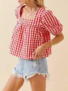 Women's Summer Plaid Print Tops Short Puff Sleeve Square-Neck Crop T-Shirt Casual Blouse - Đỏ - Xem 4