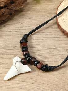 1pc Men's Summer Boho Wooden Bead Shark Tooth Pendant Necklace, Suitable For Daily Wear, Parties, Gatherings, Beach Vacation - Shark Tooth Necklace - View 12