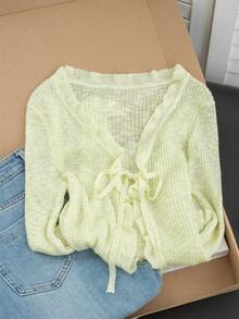 女士休闲V领修身短袖薄针织开衫，配系带腰带，绿色荷叶边，春夏款