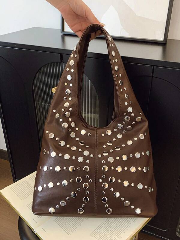 1 Pc Personalized Fashionable Retro Y2K Style Solid Color PU Leather Strap With Full Body Rivet Inlay Design Women's Shoulder Bag For Concerts&Travel&Vacation&Shopping&Gift Giving