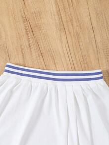 Girls' Spring/Autumn Long Sleeve Collared Blouse & Pleated Mini Skirt Set, Customized Splice Ribbed Two Pieces Outfit, Youthful & Energetic