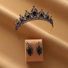 新娘3件套黑色皇冠耳环优雅婚礼配饰适合女性婚礼派对