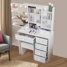 White Dressing Table LED Vanity Stool Set Makeup Desk W/ Mirror 10 Light &Drawer - White - View 5