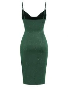 Elegant Women's Shiny Draped Neck Mesh Cocktail Dress, Romantic For Cocktail Party, Nightclub, Prom, Spring/Summer Outings - Dark Green - View 8