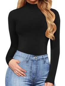 女士优雅高领长袖连体衣，纯色针织面料，可机洗，适合秋冬季黑色夏季穿着 - 黑色 - 查看 5