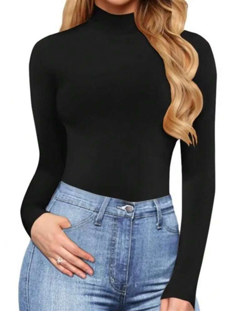 女士优雅高领长袖连体衣，纯色针织面料，可机洗，适合秋冬季穿着 - 黑色 - 查看 5