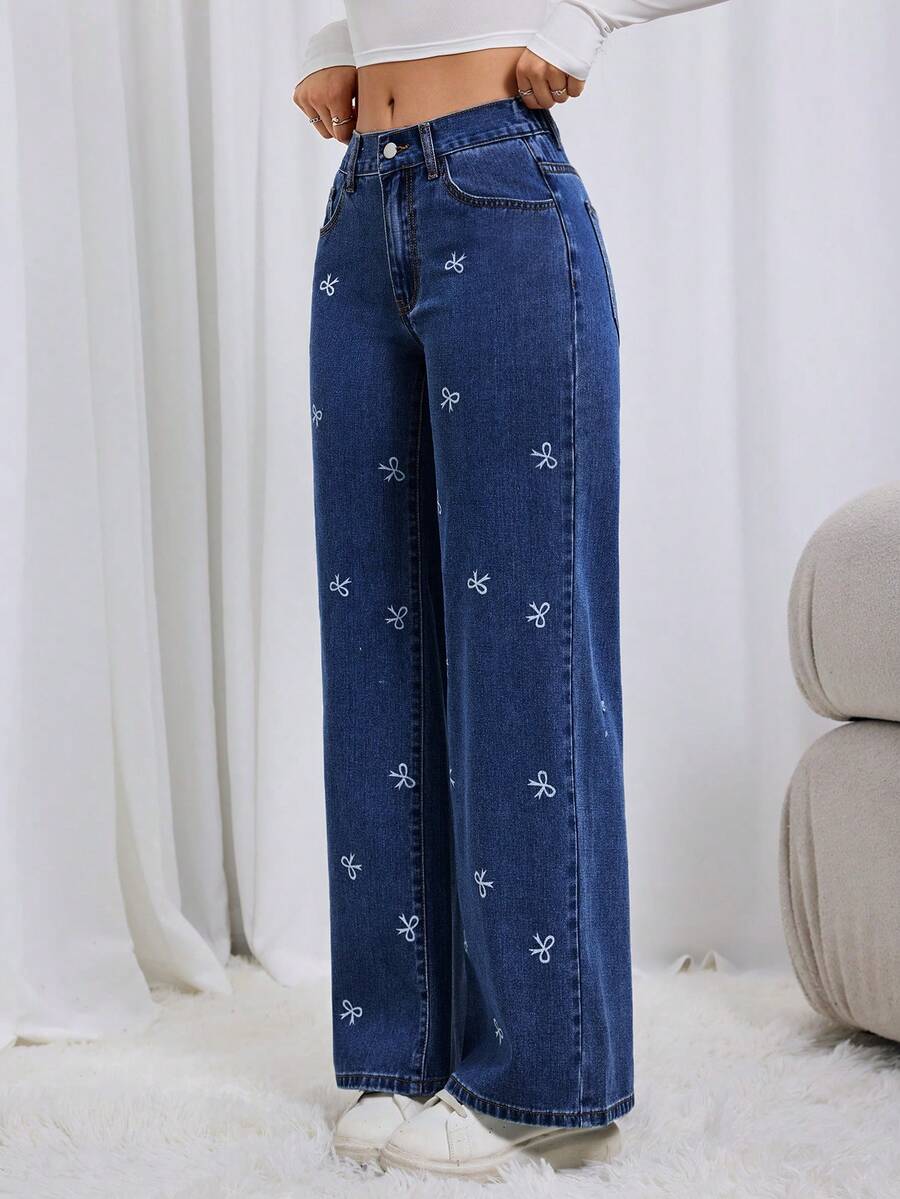 女士时尚休闲蝴蝶印花弹力腰阔腿宽松无弹力深蓝色牛仔裤 春季款 - 深色水洗藍 - 查看 1