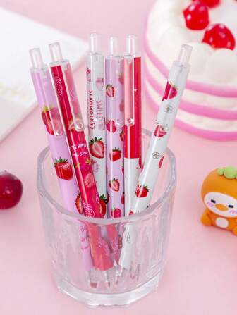 4 pièces Stylo gel à clic mignon et doux avec motif aléatoire de fraise, cadeau de prix pour étudiants, fournitures scolaires, rentrée des classes