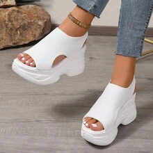 简约休闲针织露趾系带厚底坡跟凉鞋，女士厚底运动跑步凉鞋 - 白色 - 查看 2