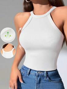 1pc Solid Color Ribbed Casual & Comfortable Minimalist Casual - Regular Casual Casual - Sports Casual Romantic - French Sleeveless Regular Style Spaghetti Strap Camisole With Chest Pads