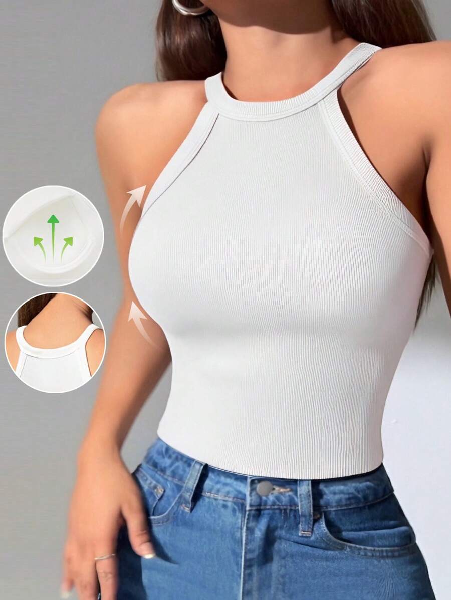 1pc Solid Color Ribbed Casual & Comfortable Minimalist Casual - Regular Casual Casual - Sports Casual Romantic - French Sleeveless Regular Style Spaghetti Strap Camisole With Chest Pads