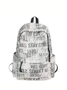 Casual Large Capacity English Numeral Graffiti Contrast Color Multi-Pocket Functional Backpack, Unisex, Suitable For School, Commuting, Shopping, Travel