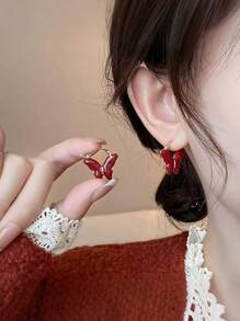 1 Pair Vintage Faux Pearl Look Alloy Hoop Earrings In Burgundy, Suitable For Women's Daily, Party Wear, Christmas Gift, Holiday Gift, New Year Gift, Valentine's Day Gift