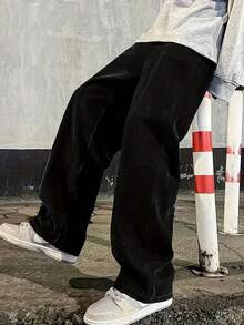 Men's Black Relaxed Fit Non-Stretch Denim Jeans - Essential Washed, Street Style & Versatile Comfort (Classic Rigid Feel) - 黑色 - 查看 2