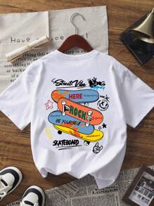 1 pieza Camiseta de manga corta con estampado de monopatín blanca para niños preadolescentes, adecuada para estudiantes jóvenes, parte superior de verano para niños preadolescentes