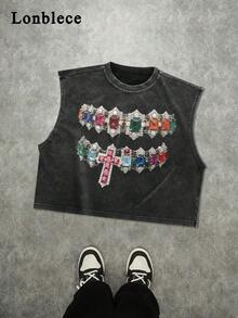 Lonblece 1pc Men's Diamond Print Element Summer Tank Top, Fashionable Brand - Black - View 1