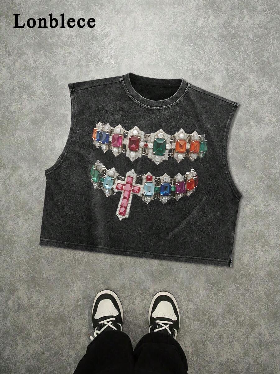 Lonblece 1pc Men's Diamond Print Element Summer Tank Top, Fashionable Brand - Black - View 1