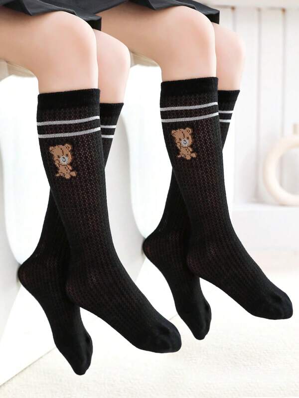 2/1 paire de chaussettes mi-mollet pour enfants, chaussettes de sport pour enfants, maille droite, chaussettes crew pour enfants, garçons, filles, noir, blanc, couleur unie, motif ours de bande dessinée, rayé, décontracté, , mignon, convient pour le port quotidien, tenues scolaires, peut être assorti avec des chaussures décontractées, des baskets, rentrée scolaire, étudiants, nouvelle session
