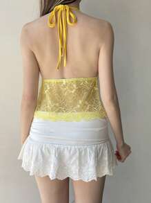 Women's Halter Neck Lace Tops Sleeveless Open Back Slim Fit Flower Cami Tops Summer Shirts