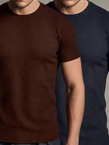 Kit 2 Basic Casual Textured T-Shirt Straight Textured Premium Mesh - 黑色和棕色 - 查看 1