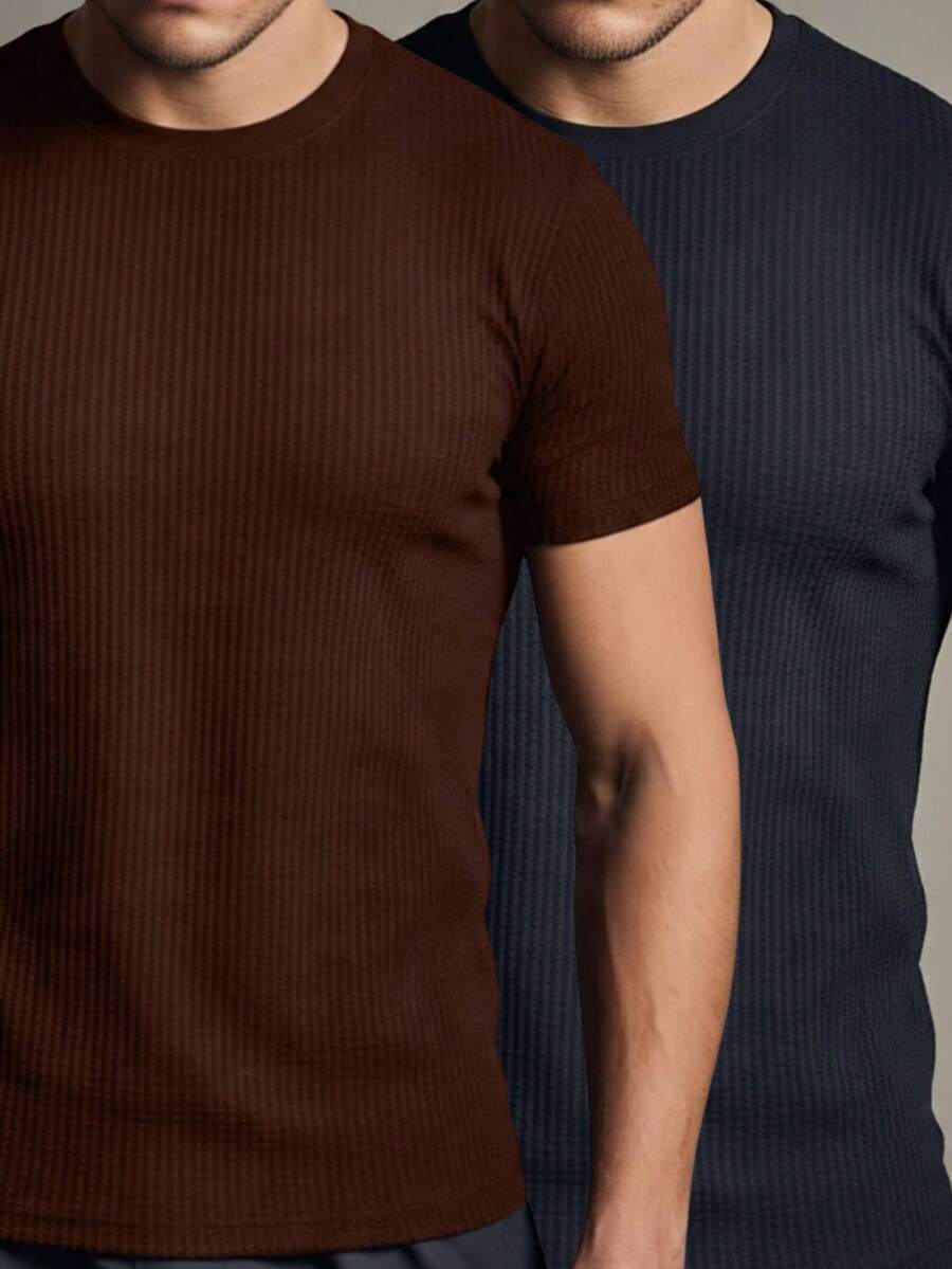 Kit 2 Basic Casual Textured T-Shirt Straight Textured Premium Mesh - 黑色和棕色 - 查看 1