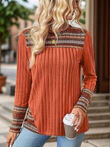 Plus Women's Round Neck Color Blocked Printed Long Sleeved T-Shirt Top Fall Clothes