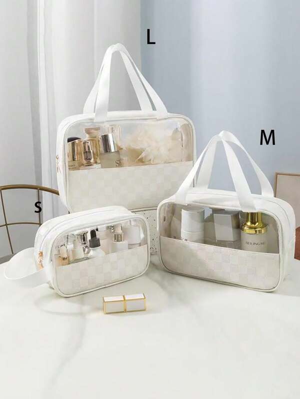 Semi-Transparent White & Plaid PU Cosmetic Bag, Toiletry Bag, Beach Bag, Bathroom Storage Bag, Waterproof Large Capacity Portable Travel Organizer Bagtravel Essentials For Vacation Summer Holiday Back To School School Stuff Bag For School Wash Bag Travel Waterproof Toiletry Bag