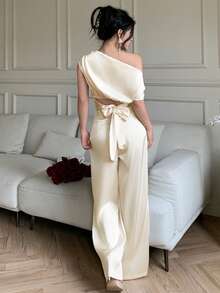 abyoxi 女士纯色缎面优雅单肩露背系带上衣和阔腿裤两件套时尚通勤晚宴晚礼服套装 - 杏色 - 查看 2