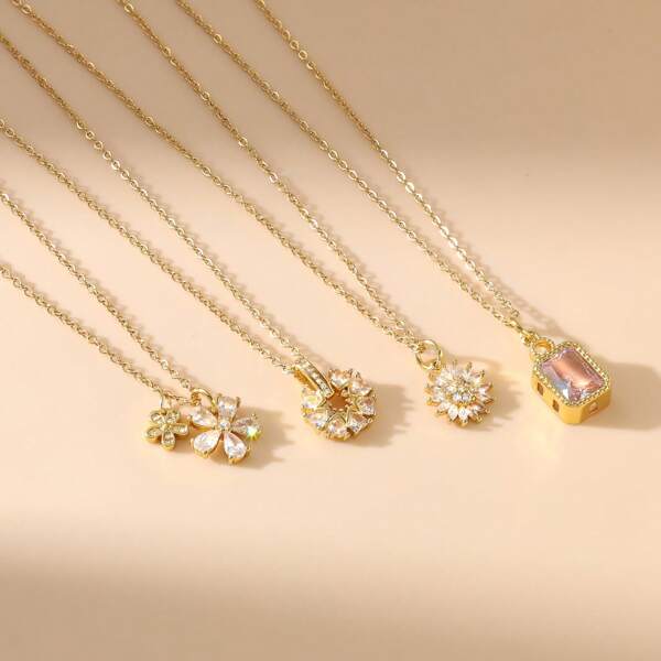 1pc Exquisite Floral Cube-Shaped Pendant Necklace, Stainless Steel Gold-Plated With Micro-Inlaid Rhinestones, Delicate & Sweet Design, For Women, Daily Wear Or Gift For Friends