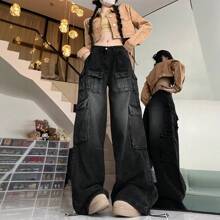 Jupkem Womens Y2k Baggy Cargo Jeans Wide Leg Straight Leg Retro Distressed Multi-Pocket Goth Pants Hip Hop Street Style Harajuku Clothes