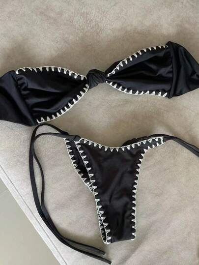 مجموعة بكيني نسائي أنيق بلونين منطقة الخصر مكشوفة، للصيف والشاطئ