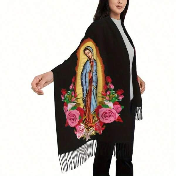 Virgen De Guadalupe Tassel Scarves Soft Warm Pashmina Scarf, Large Shawls And Wraps, Lightweight Scarves For Women