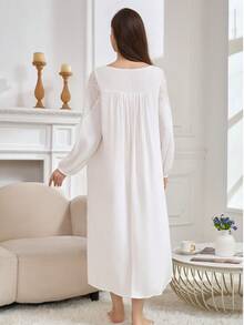Women's Spring/Autumn Nightgown, Sleepwear Dress With Long Sleeves, Also Suitable For Outdoor Wear, Fall, Winter - White - View 2