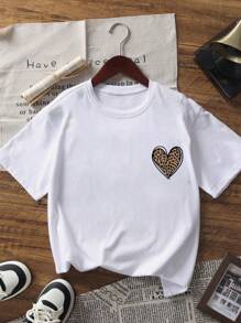 Tween-Mädchen 1 Stück lockeres weißes Kurzarm-T-Shirt mit Herz-Grafik, bequemes Sommeroberteil für Studenten