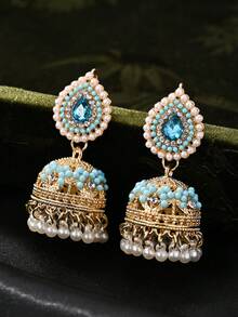 1 对优雅水滴吊坠耳环，宝莱坞风格彩色水钻搭配人造珍珠流苏首饰，巴基斯坦流行耳环，适合女性婚礼、节日派对佩戴 - 水滴 - 查看 4