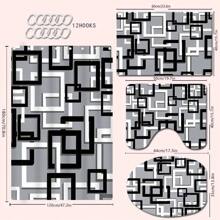 4 Stücke modernes schwarz-graues gestreiftes Badezimmer Set, inklusive Duschvorhang, Badematte, U-förmige Toilettenabdeckung, Toilettendeckelabdeckung, wasserdichter Duschvorhang, modischer Tür-/Fenstervorhang, ohne Bohren erforderlich, Polyester, maschinenwaschbar, Badezimmer Deko für den Schulanfang